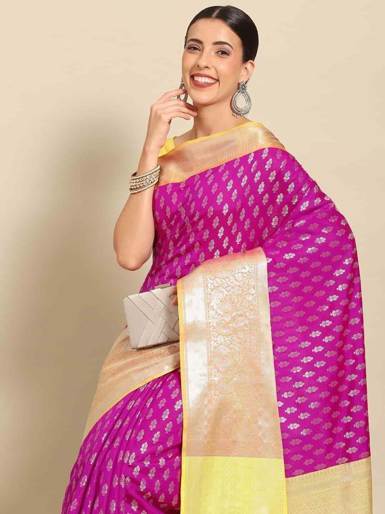 Silk Land Purple & Yellow Woven Saree With Unstitched Blouse