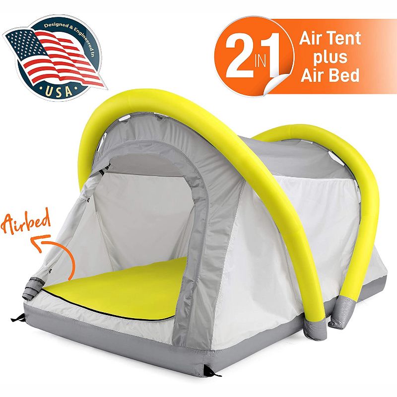 SereneLife SLTENTAIR 2 in 1 Portable Camping Outdoor Indoor Weather Resistant Blow Up Inflatable Airbed Tent Kit with Hand Pump and Carry Bag, Gray
