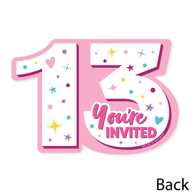 Big Dot of Happiness Girl 13th Birthday - Shaped Fill-In Invitations - Official Teenager Birthday Party Invitation Cards with Envelopes - Set of 12