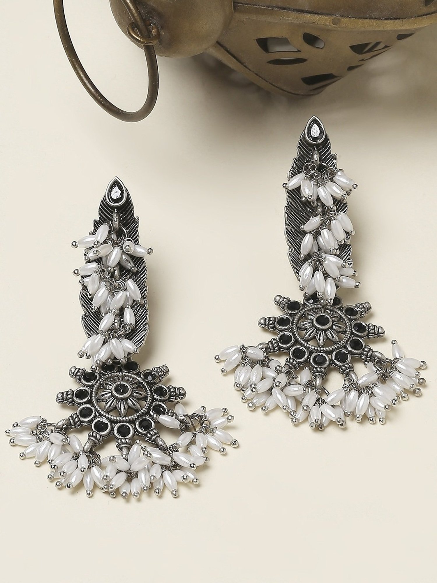 Oomph Jewellery Oxidized Silver Ethnic Silver Look Alike Stones & Pearls Studded Dangler Earrings