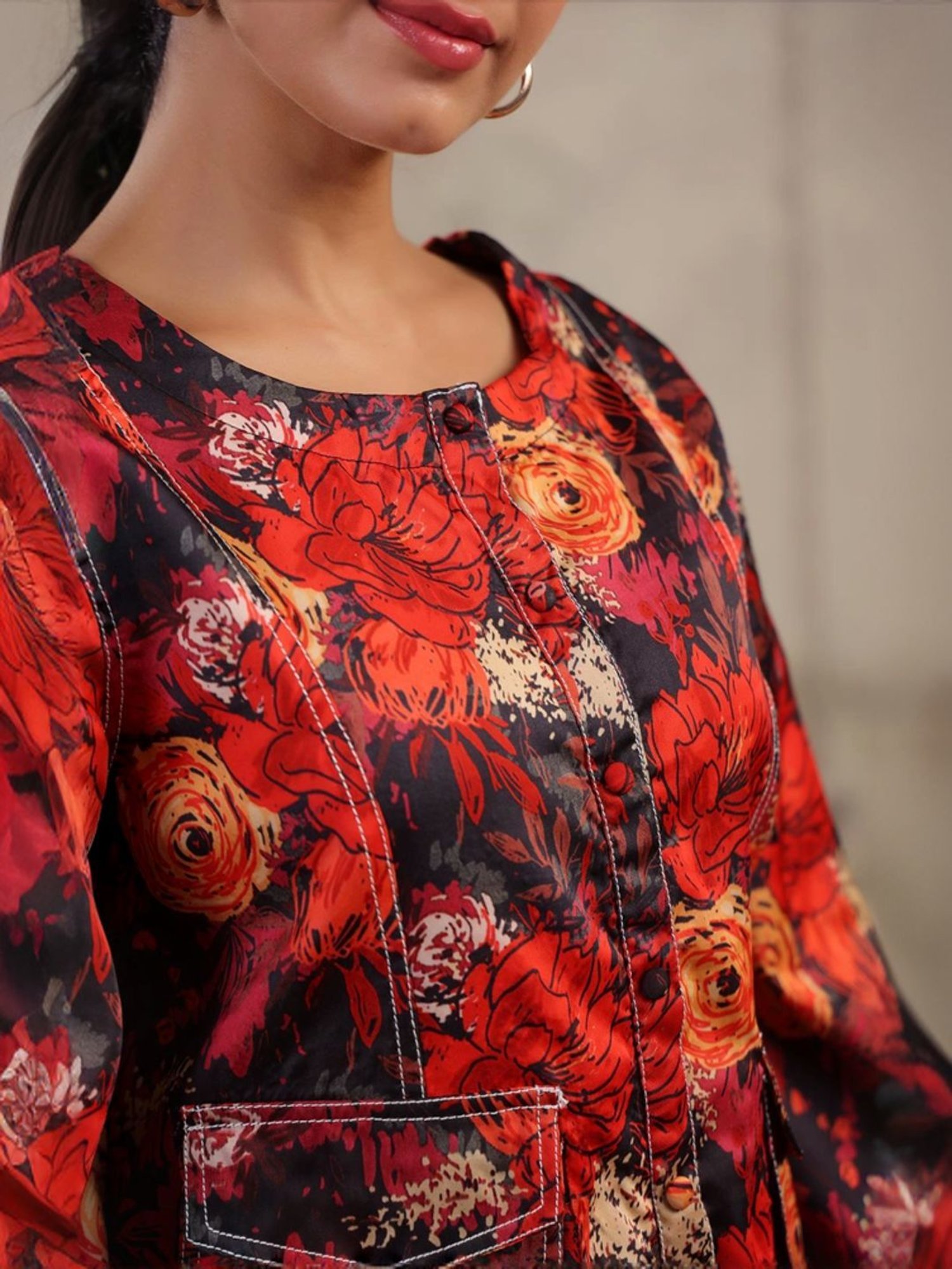 SCAKHI Black & Red Floral Print Top Pant Set