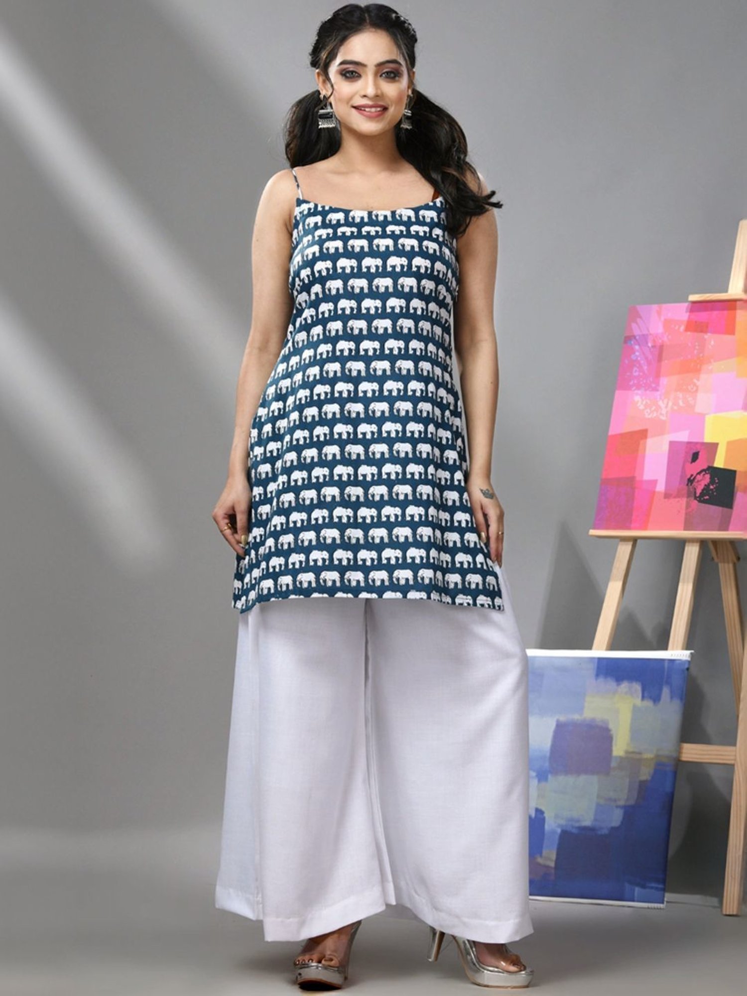 Charukriti Blue Cotton Printed Straight Kurti