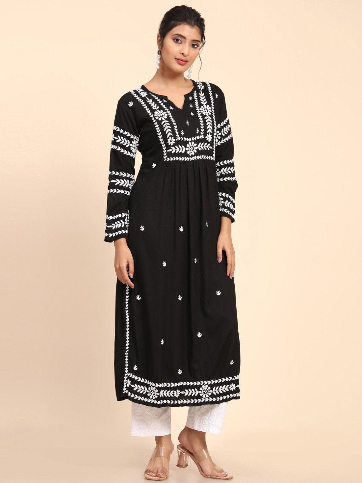 House Of Kari HOK chikankari Long Kurta in Rayon Cotton for Women-Black
