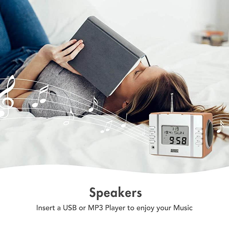 MB300 Mini Wooden MP3 Stereo System and FM Clock Radio with Card Reader USB Port AUX Jack 35mm Audio In 2 x 3W Powerful HiFi Speakers and Builtin Rechargeable Battery