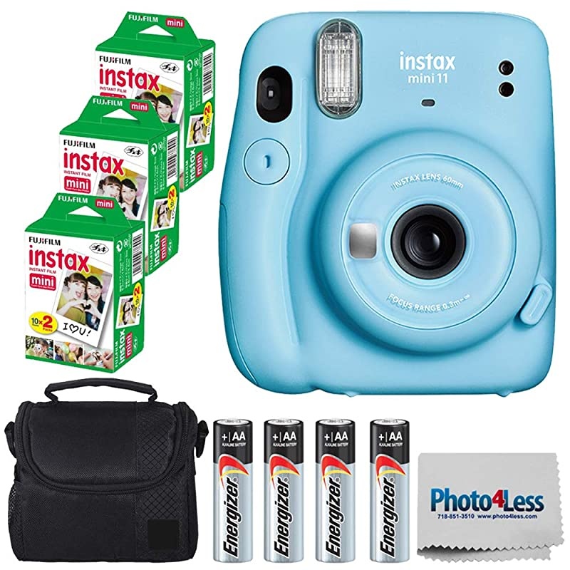 Instax Mini 11 Instant Camera Sky Blue 16654762 + 3 Packs  Instax Mini Twin Pack Instant Film 16437396 + Batteries + Case Cloth