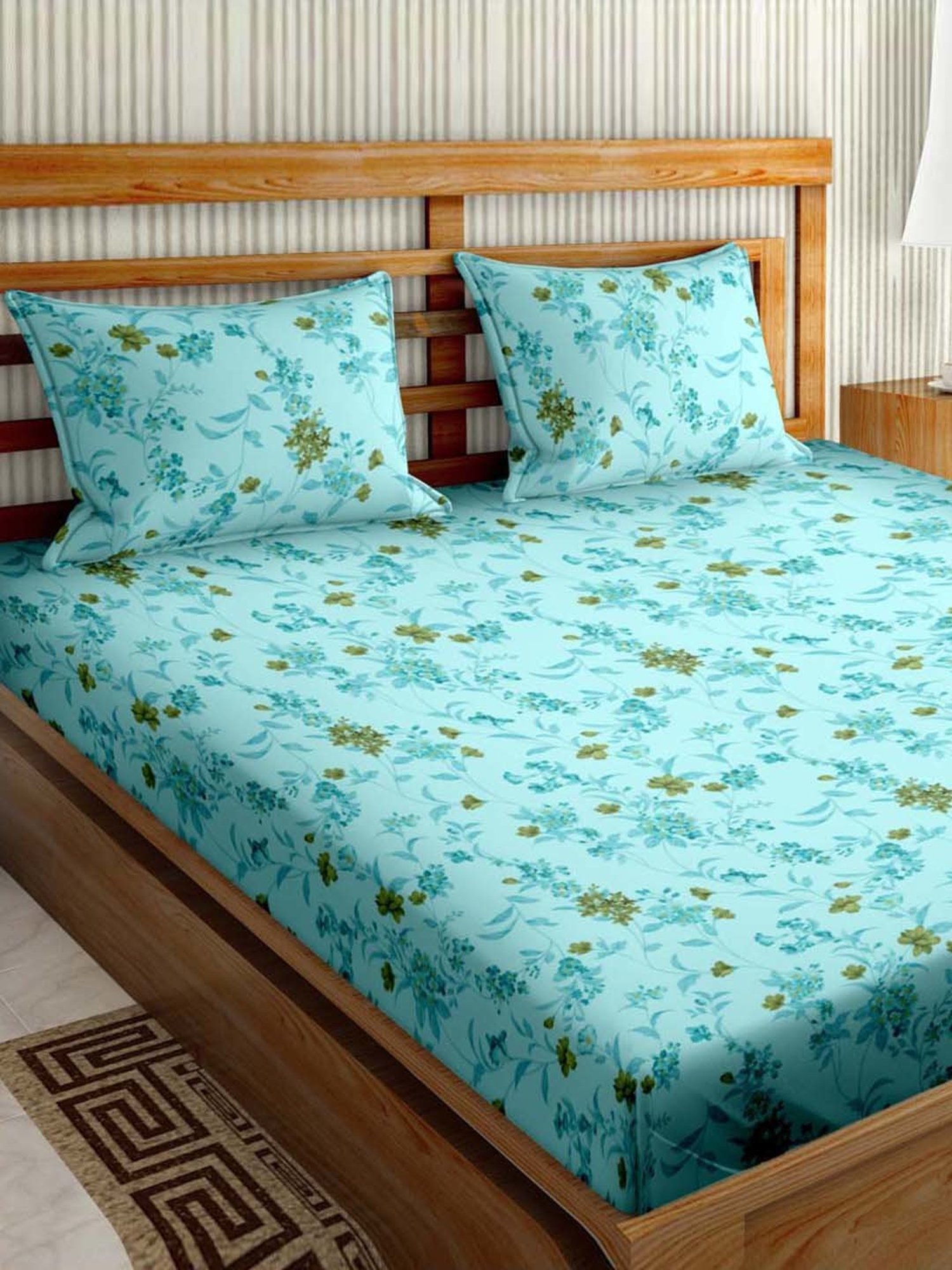 Bella Casa Stella Collection Cyan Cotton 180 TC King Size Bedsheet with 2 Pillow Covers