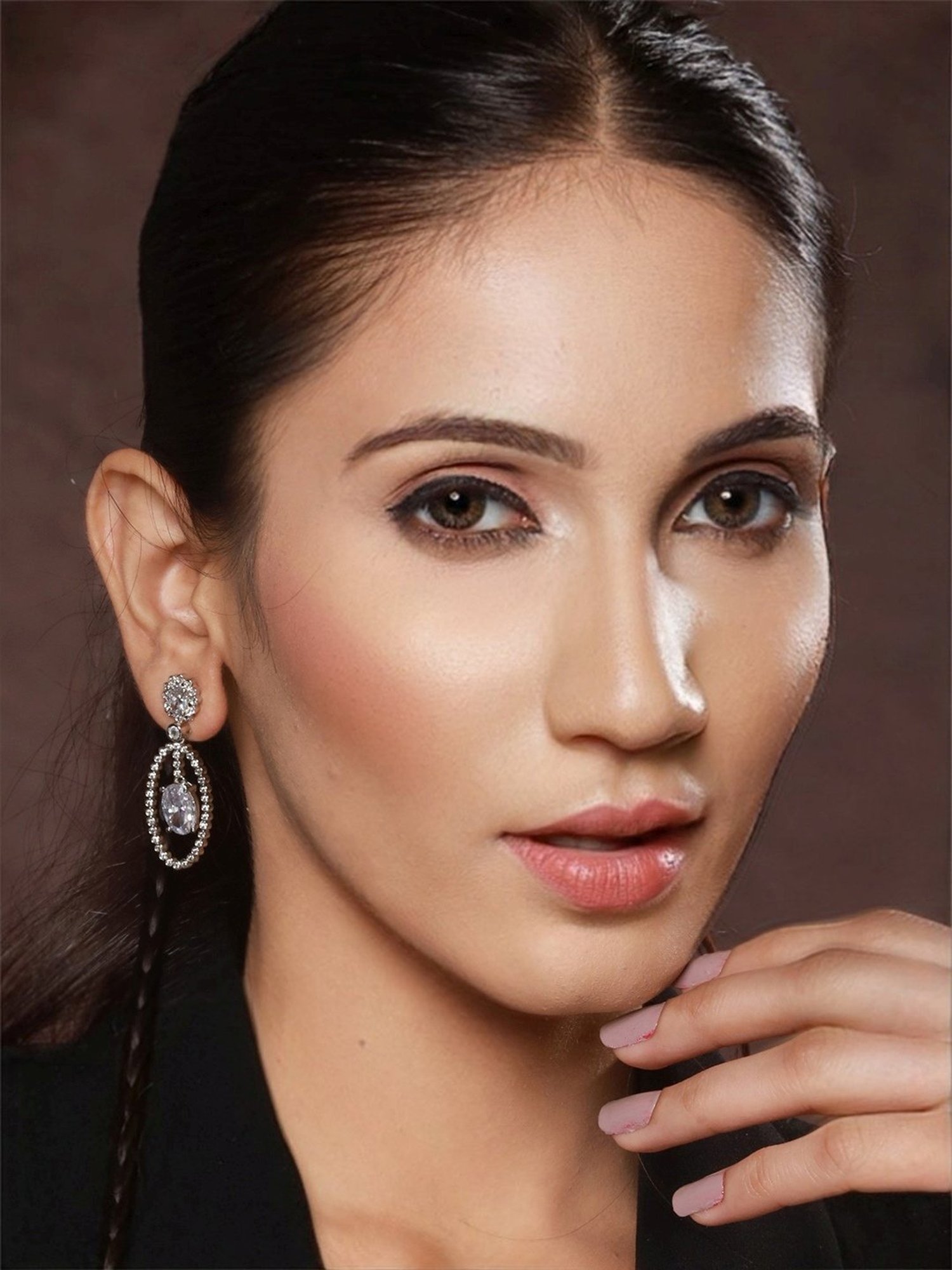 Priyaasi White Floral Oval Stone Studded Silver-Plated Drop Earrings