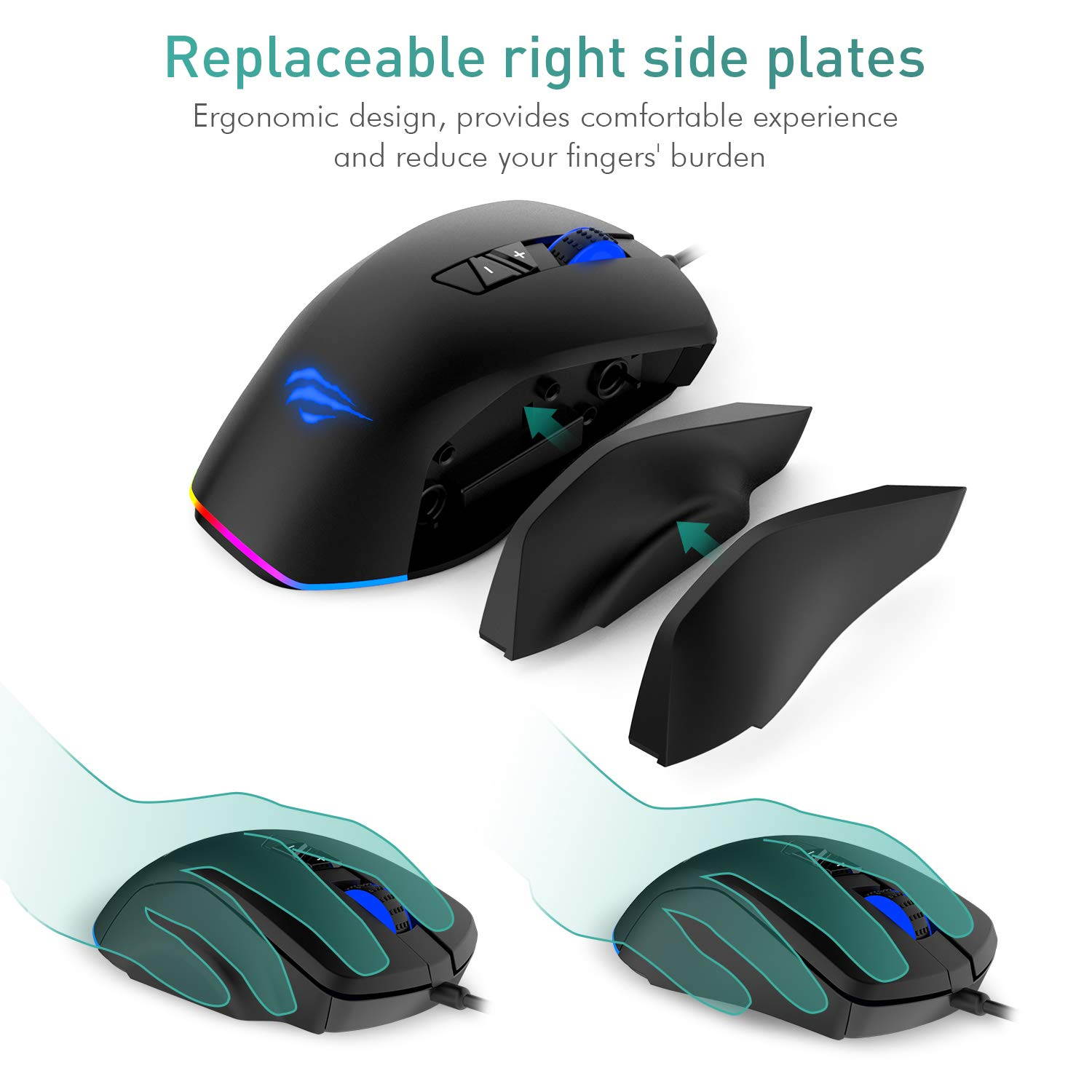 Havit Gaming Mouse 5000 DPI Computer Ergonomic Wired Mice with 14 Programmable Buttons Interchangeable Side Plates (8 Buttons/ 8+6 Side Buttons Mouses), 2 Replaceable Right Plates for Laptop PC Gamer