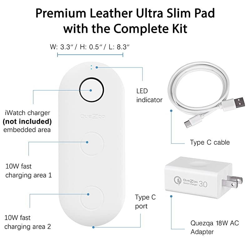 Wireless Charging Pad 3 in 1 Multiple Devices Charging Station Charging Leather Mat Compatible with Airpods Pro Apple Watch Series 5 4 3 iPhone 11 Pro Max Xs Xr with QC 30 Adapter White