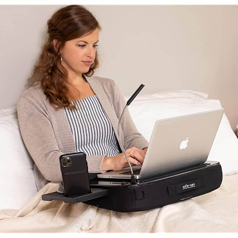 Multi Tasking Memory Foam Lap Desk with USB Light and Mouse Pad - Portable Foldable Home Working Office Workstation - Bed Table Tray for Eating - Fits Computer Up to 15" - Soft Cushion
