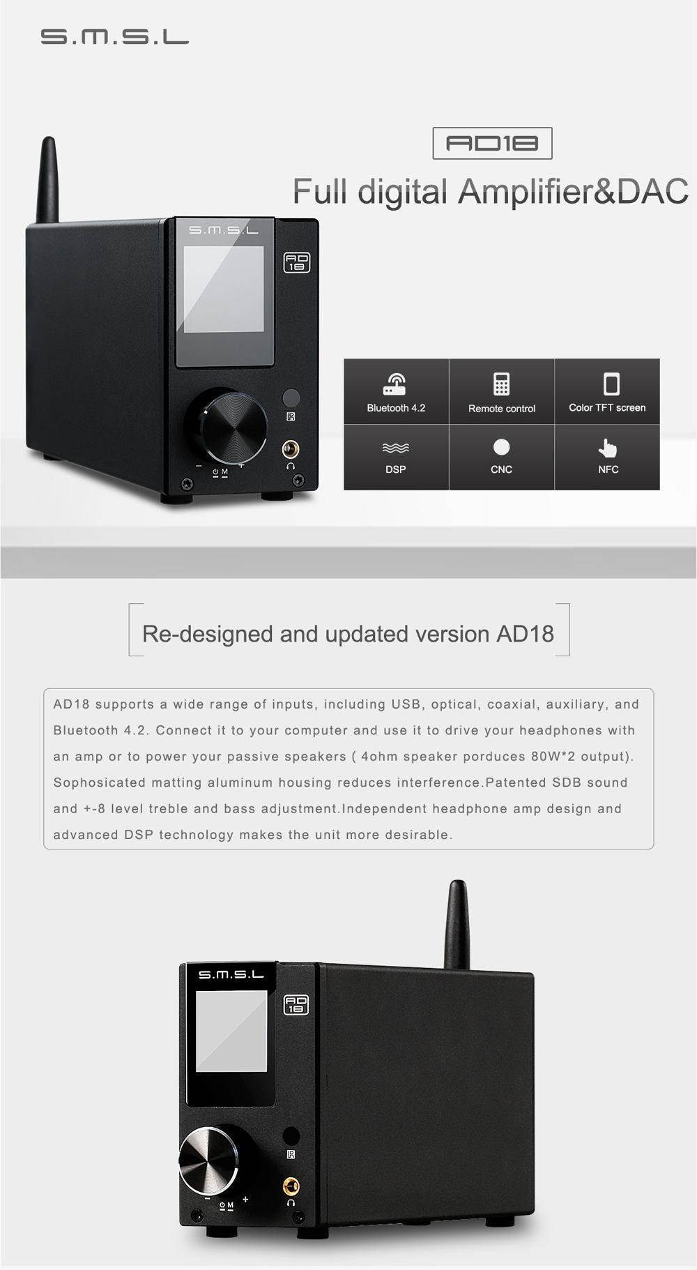 SMSL AD18 80Wx2 DSP HIFI Bluetooth Pure Digital Audio Amplifier Optical/Coaxial USB DAC Decoder - EU - EU