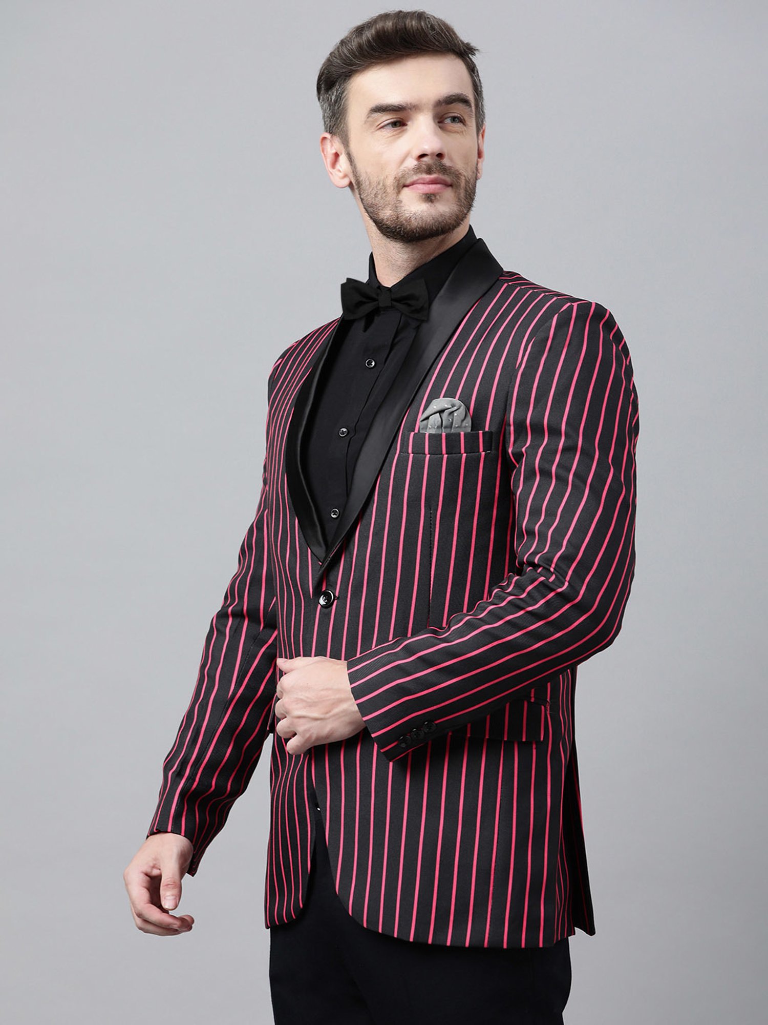 Hangup Plus Black & Pink Regular Fit Striped Blazer