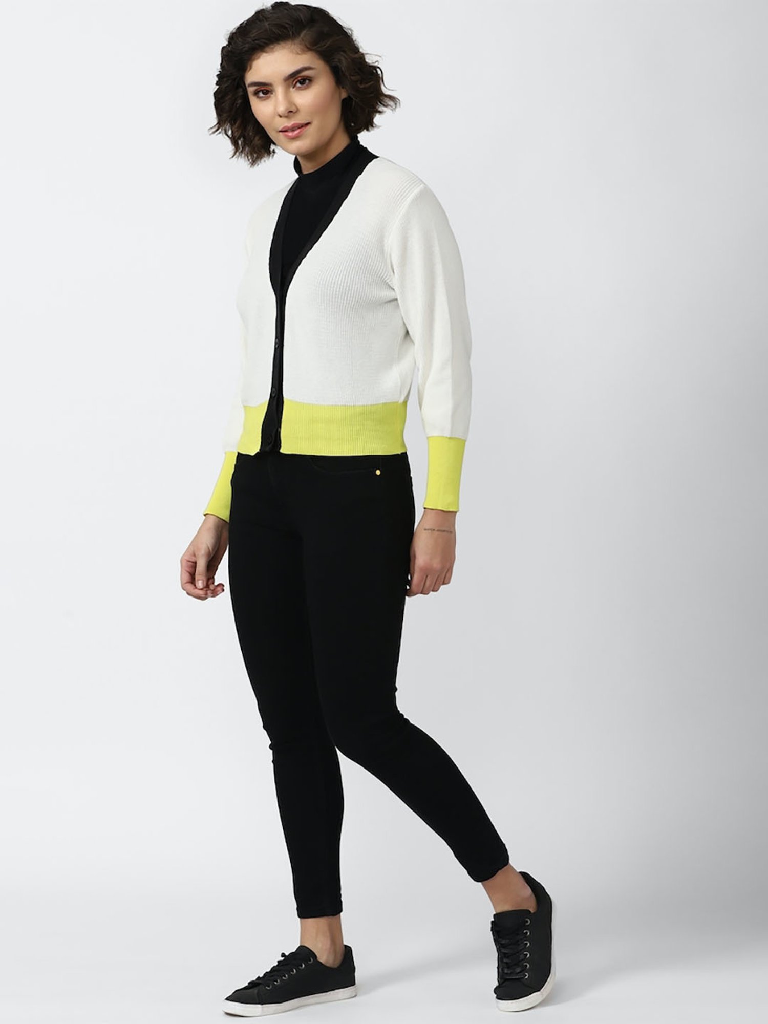 Forever 21 White & Yellow Cotton Cardigan