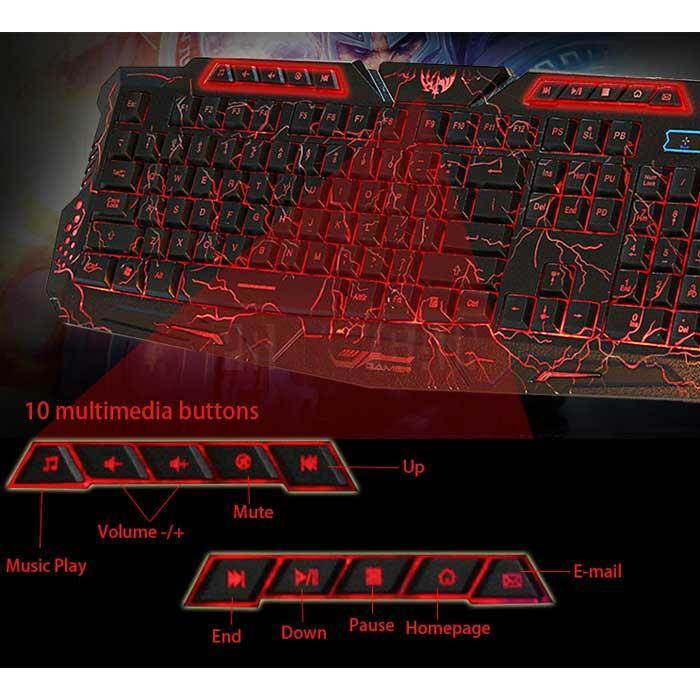 3 Colors Crack LED Backlight Wired USB Multimedia PC Gaming Keyboard Universal