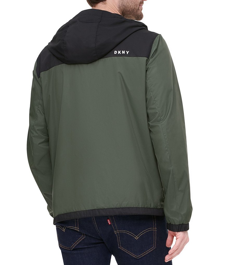 DKNY Long-Sleeve Mixed-Media Color-Block Hooded Rain Slicker