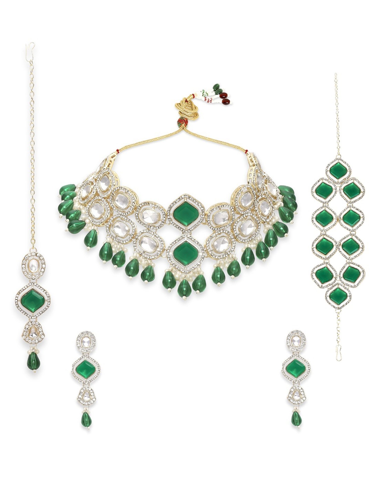 OOMPH Green Kundan Ethnic Choker &  Bracelet Set