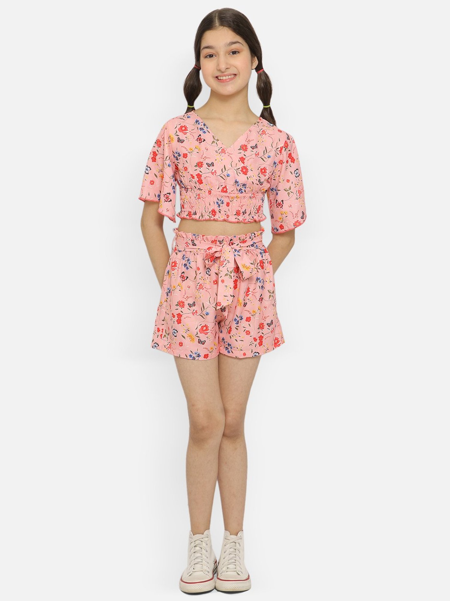 Nauti Nati Kids Peach Floral Print Top, Shorts with Waist Tie Ups