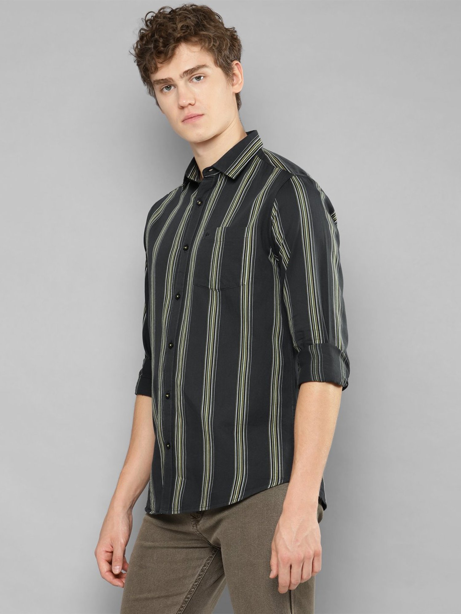 Allen cooper Black Regular Fit Striped Cotton Shirt