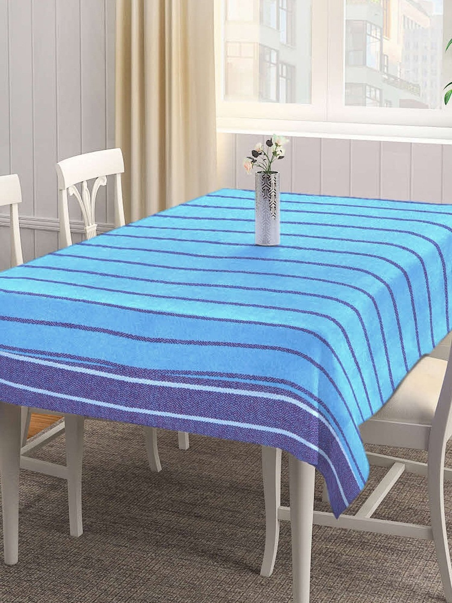 Klotthe Striped Blue 300 TC Cotton Rectangle 6-Seater Table Cover