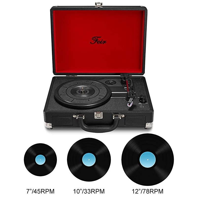 Stereo Black Record Player 3 Speed Portable Turntable Suitcase Built in 2 Speakers RCA Line Out AUX Headphone Jack PC Recorder