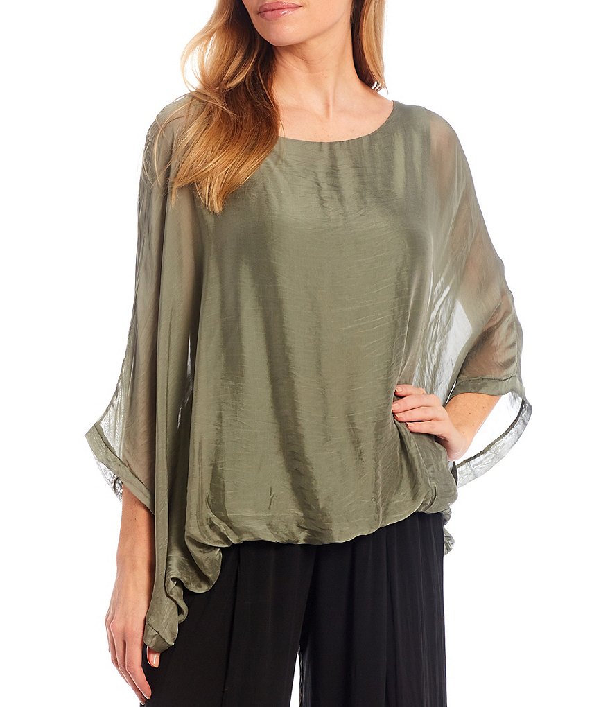 M Made in Italy Silk Blend 3/4 Sleeve Bubble Hem Poncho Top