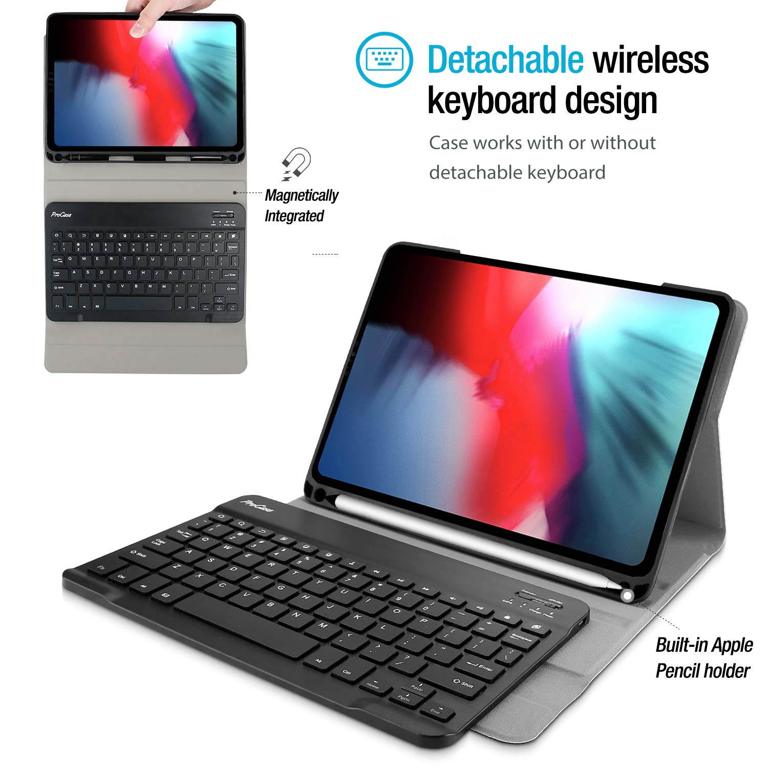 Procase Keyboard Case for iPad Pro 11 2018 1st Gen (Old Model A1980 A2013 A1934 A1979), Slim Shell Lightweight Smart Cover with Magnetically Detachable Wireless Keyboard for iPad Pro 11 Inch -Black