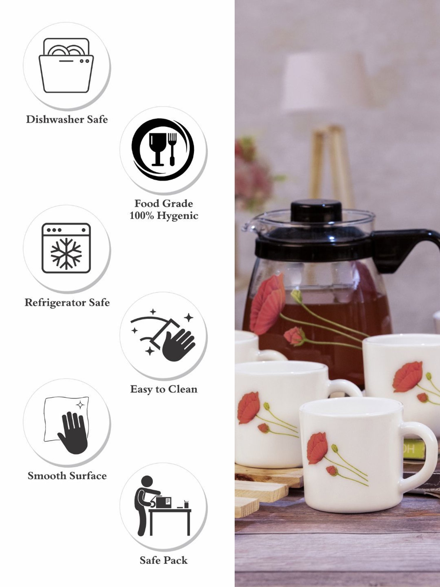 Cello Floral Multicolor Opalware Tea Set - Set of 6 Cups (180ml) & 1 Tea Pot (750ml)