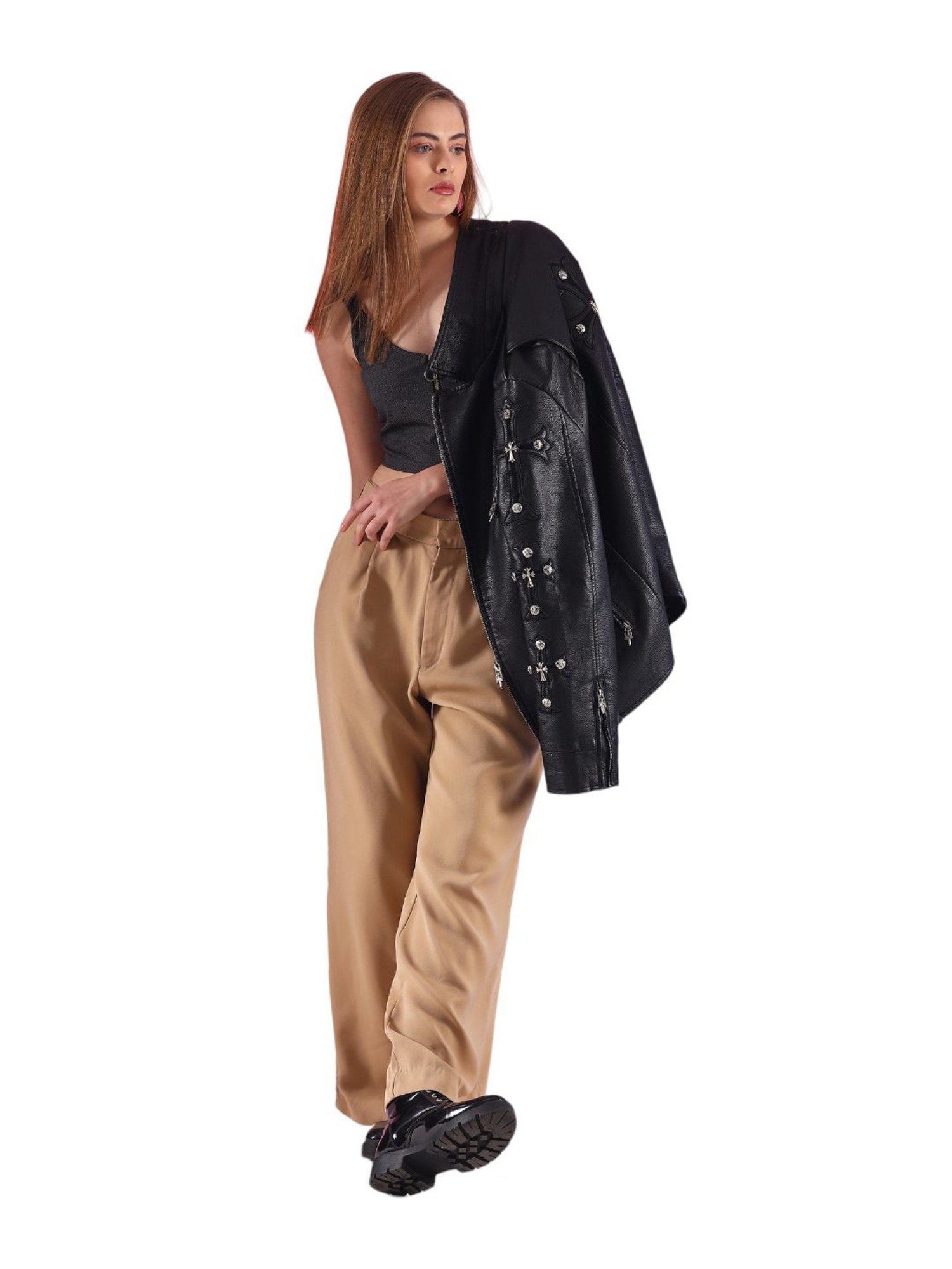FITHUB Beige Regular Fit High Rise Trousers