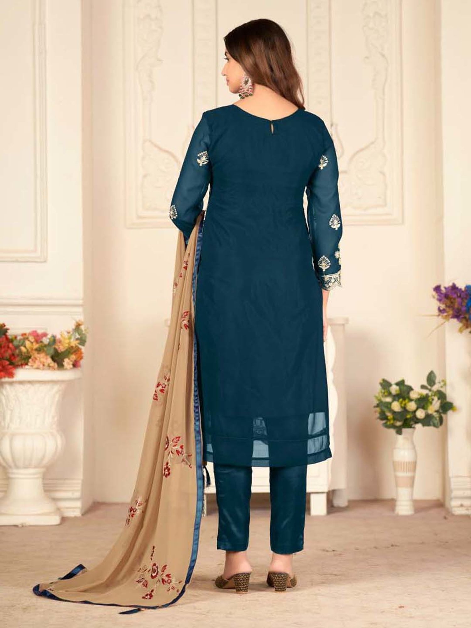 Warthy Ent Blue Embroidered Semi Stitched Dress Material