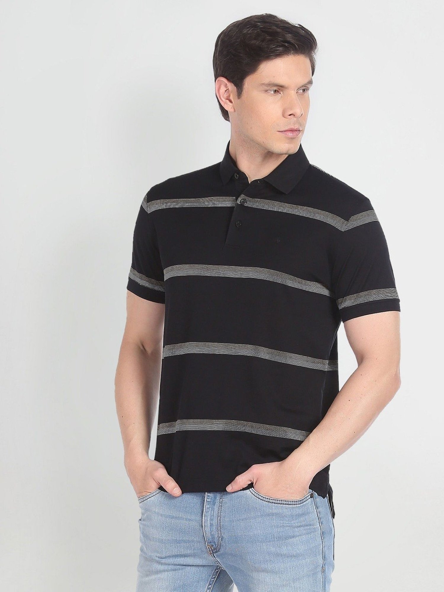 Arrow Black Cotton Regular Fit Striped Polo T-Shirt