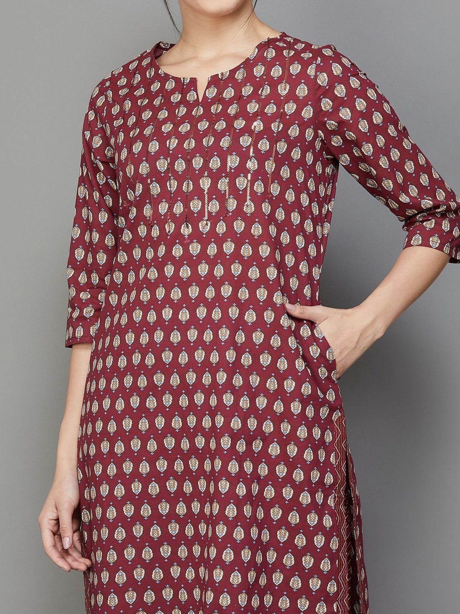 Melange by Lifestyle Maroon Cotton Printed Kurta Pant Set