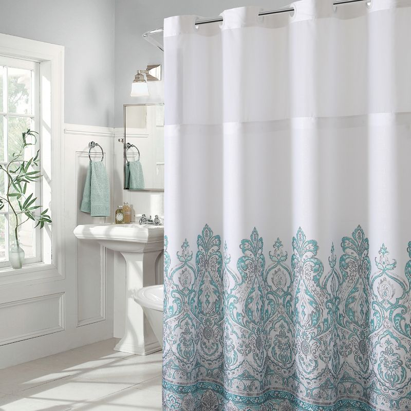 Damask Border Shower Curtain with Liner Teal - Hookless