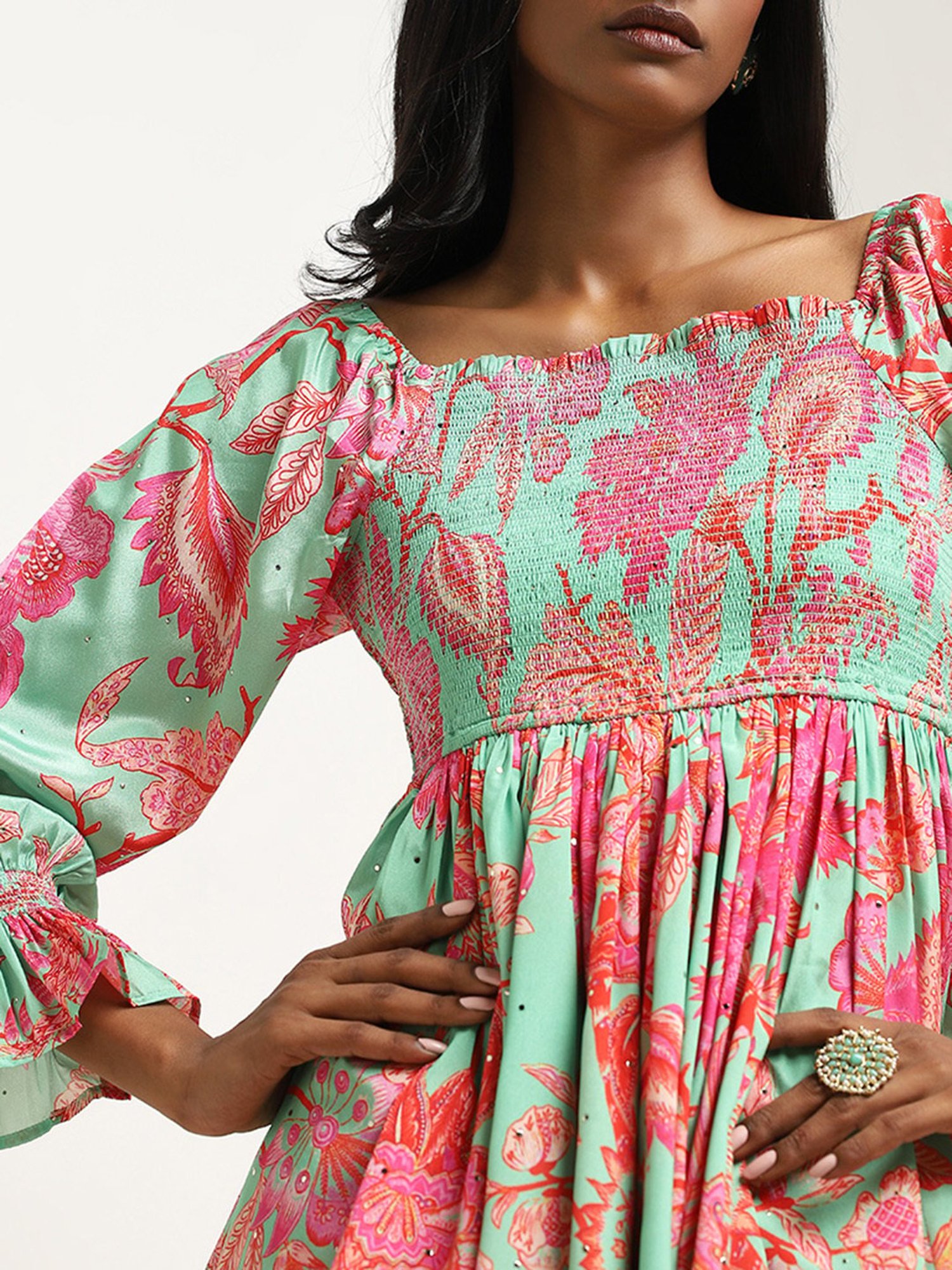 Vark by Westside Green Floral Printed Peplum Top Set