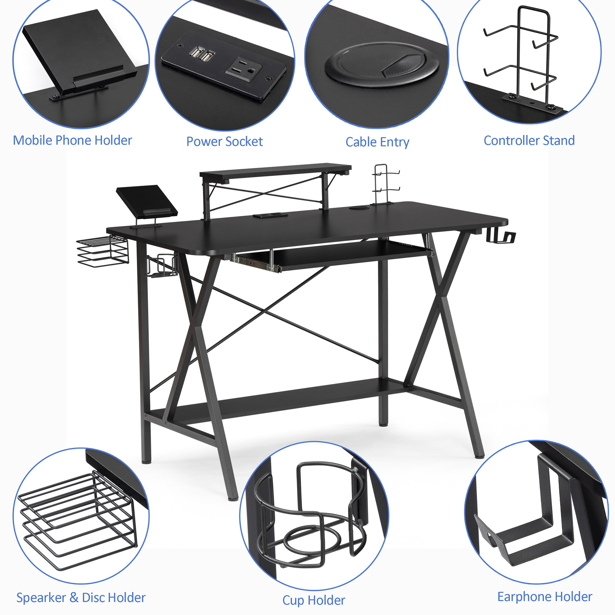 47" Gaming Desk Table E-Sports Computer Desk Home Office Desk Gamer Desk Writing Table with PC Stand Shelf Keyboard Stand Cup Holder & Headphone Hook,Power Strip with USB,Black