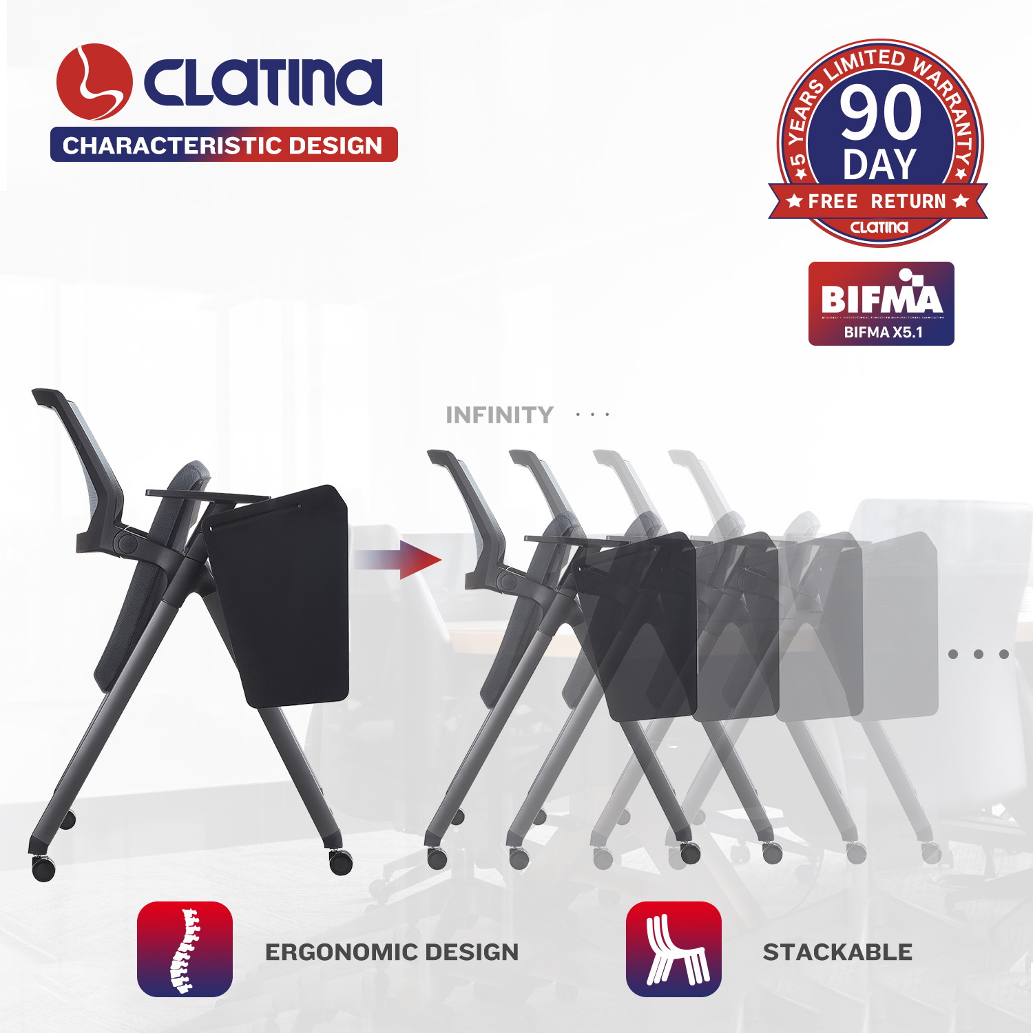 CLATINA Tablet Arm Chair with Caster Wheels Mesh Guest Nesting Stacking for Office School Classroom Training Conference Waiting Room Gray