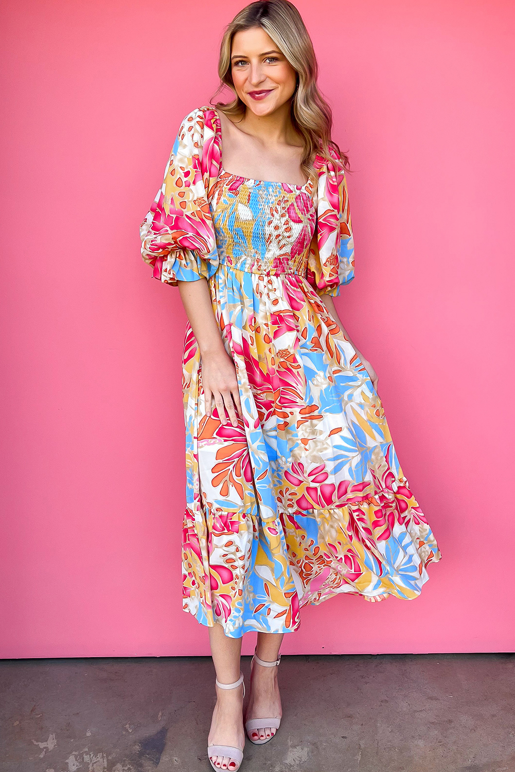 Multicolor Boho Floral Collared Long Sleeve Dress