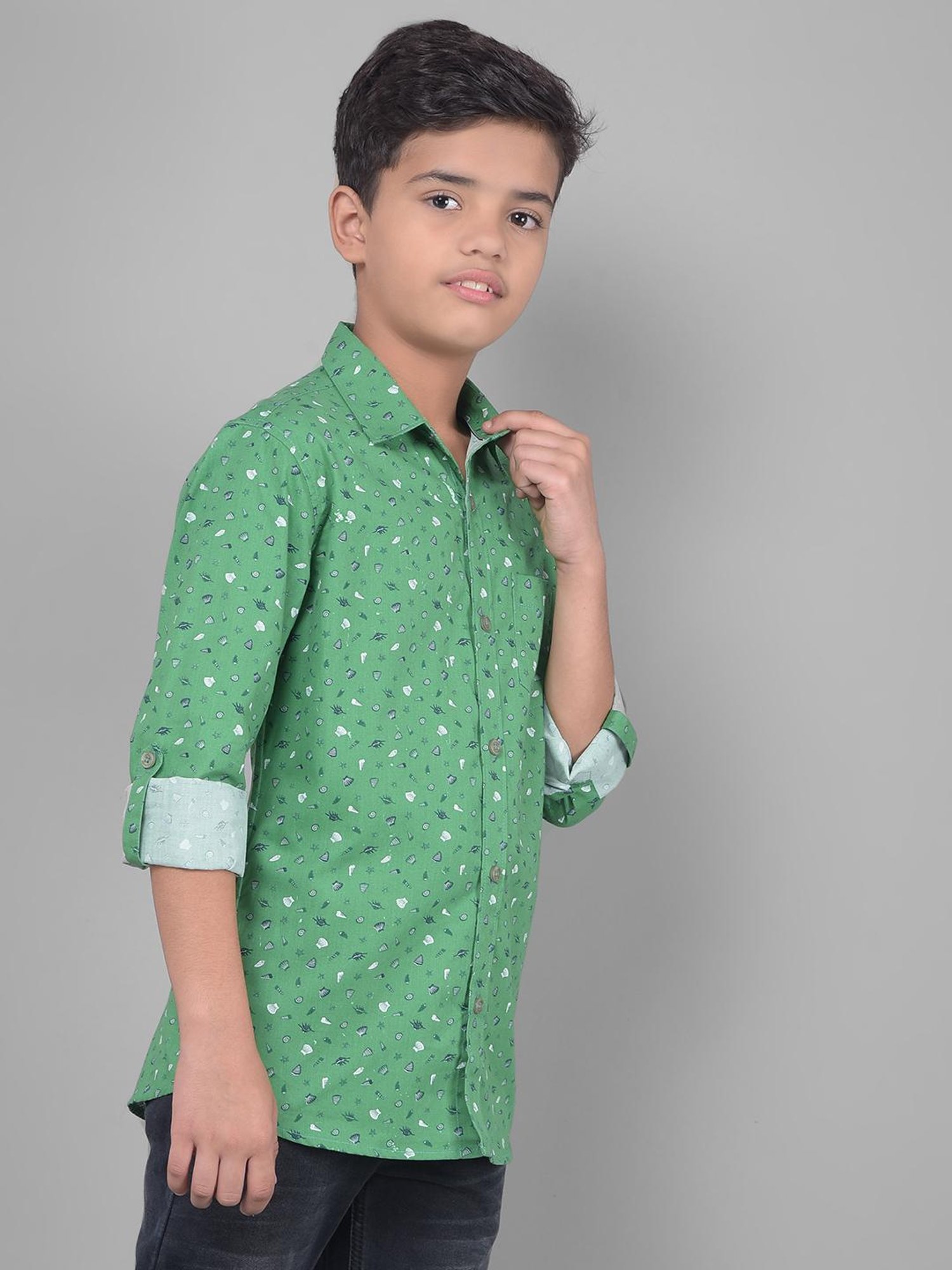 Crimsoune Club Kids Green Printed Full Sleeves Shirt