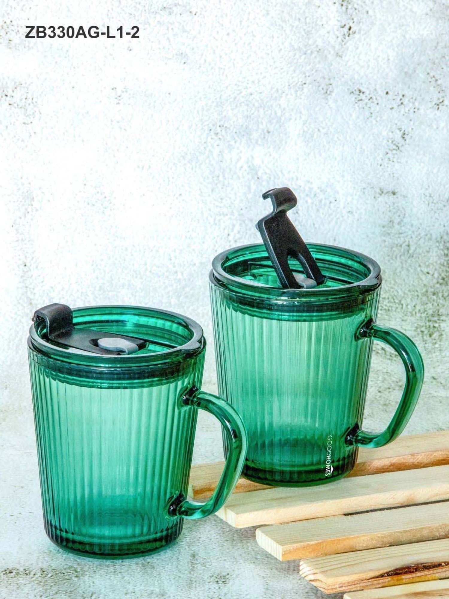 Goodhomes Green Glass Mug Sipper With Lid & Straw (0.37 L) - Set of 2