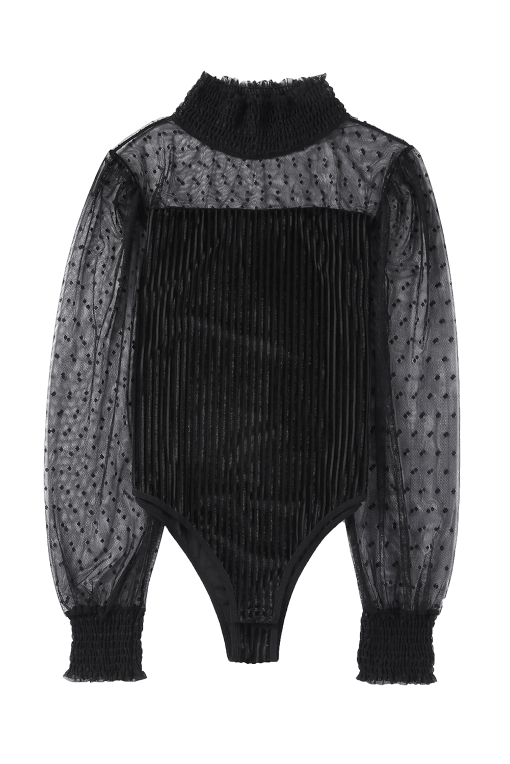 Black Ruffled Mesh Patchwork Slim Fit Bodysuit