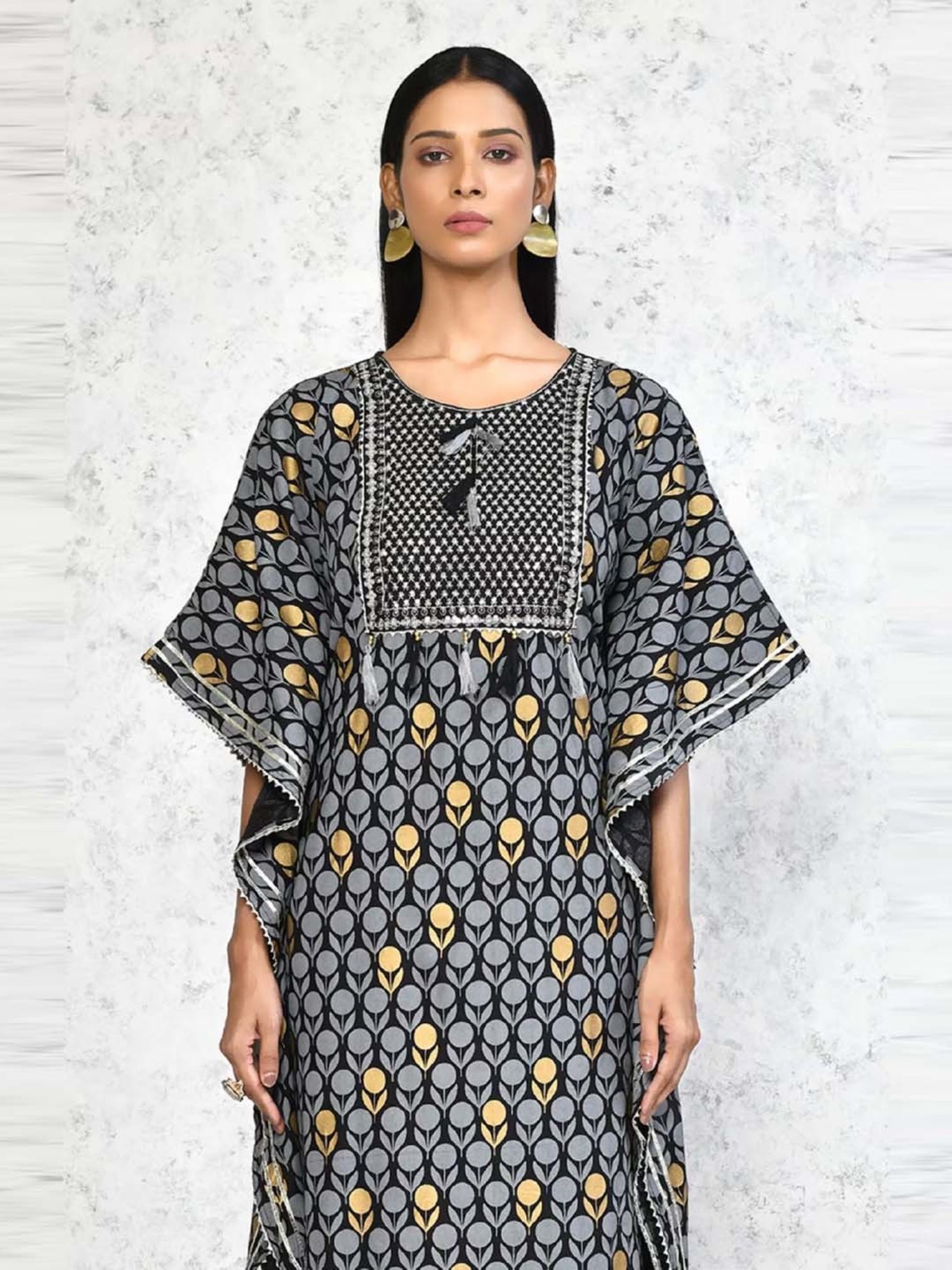 Miravan Black & Grey Cotton Embroidered A Line Kaftan