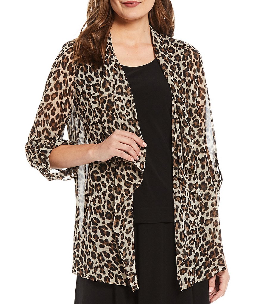 Ali Miles Petite Size Open Mesh Two Button Front 3/4 Sleeve Jacket