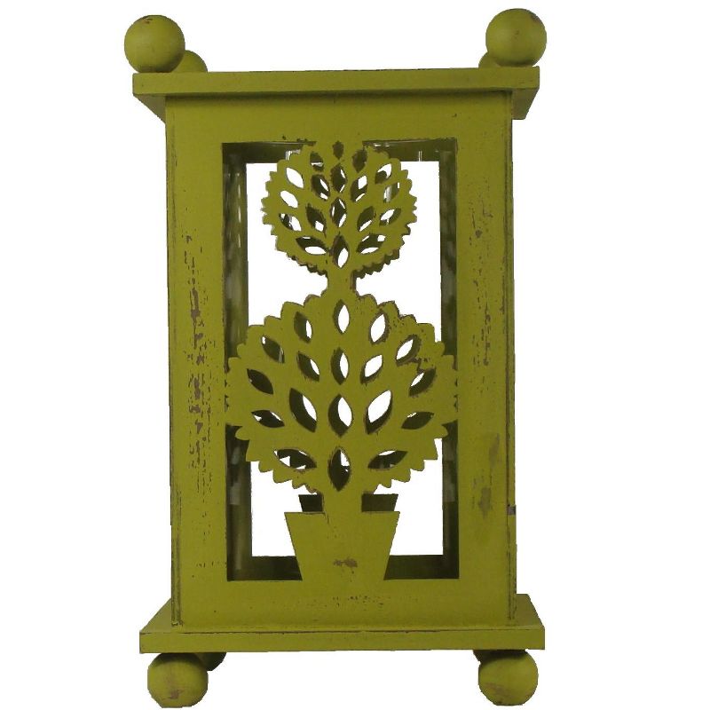 Melrose 12.5" Pistachio Green Distressed Double Ball Tree Cut-Out Pillar Candle Lantern