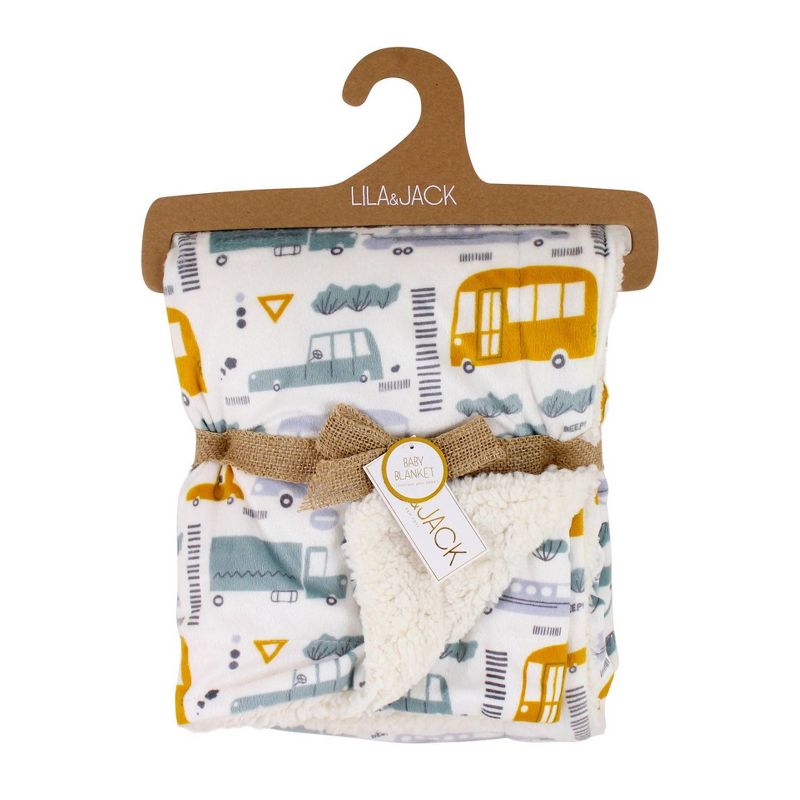 Lila and Jack Baby Blanket Transportation Print Printed Mink with Natural Sherpa Backing Kids' Throw