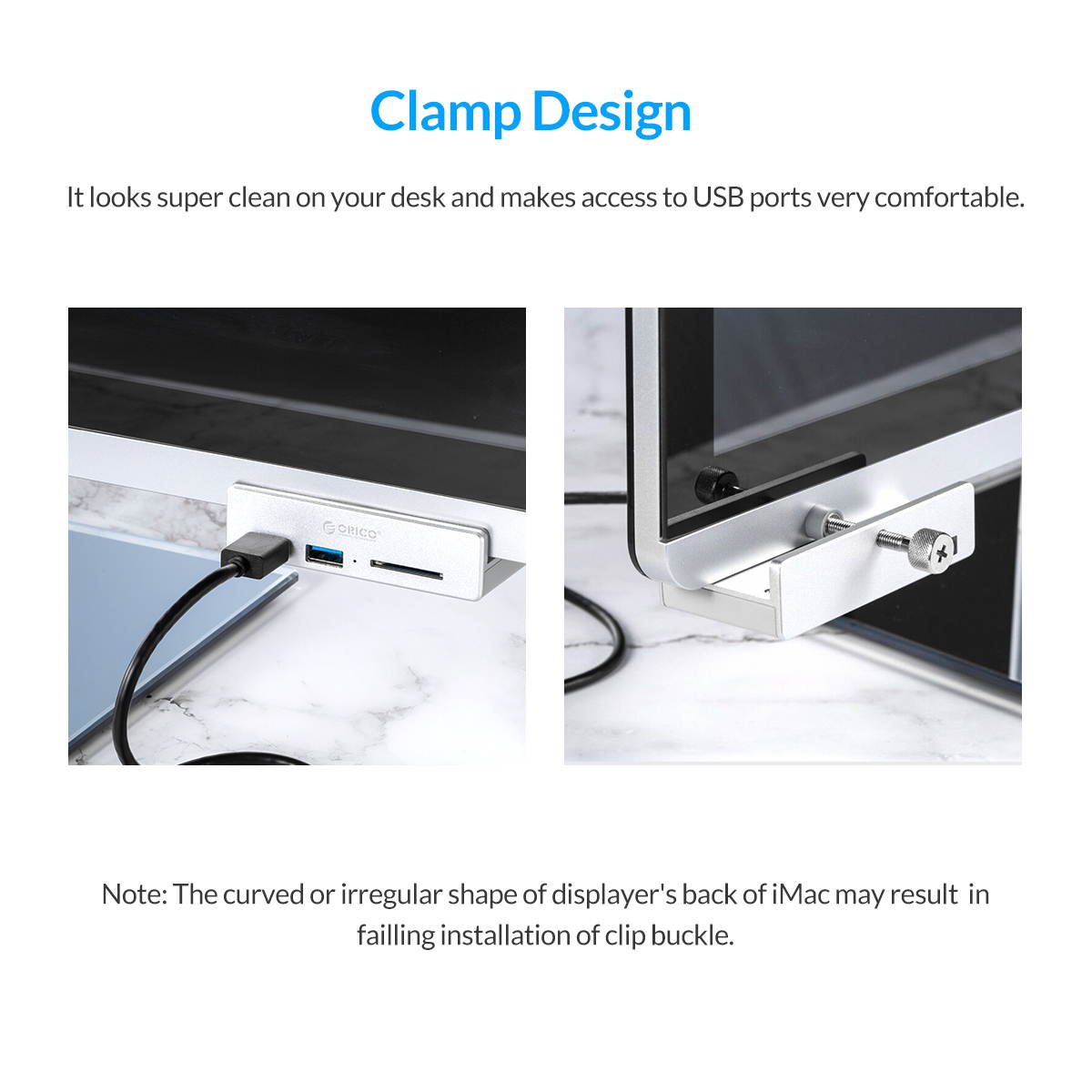 ORICO MH2AC-U3 Aluminum 2 Ports USB 3.0 Clip-type HUB With SD Card Reader For Desktop Laptop Clip Range 10-32mm With 4.95FT ( 1.5Meter) Date Cable - Silver