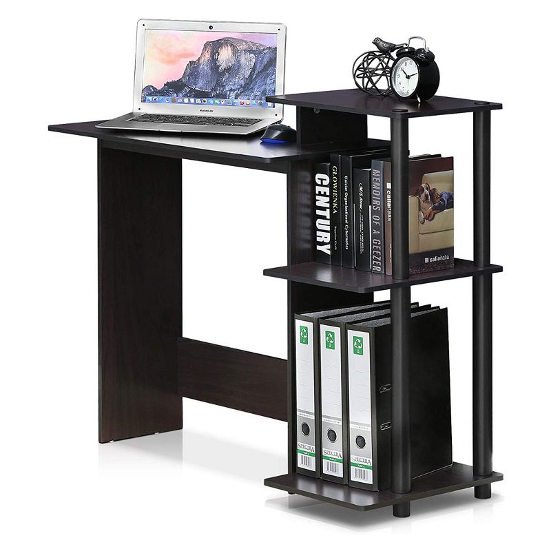 Furinno Efficient Home Office Multipurpose Laptop Computer Desk Work Station with 3 Side Shelves for Organization, Dark Walnut