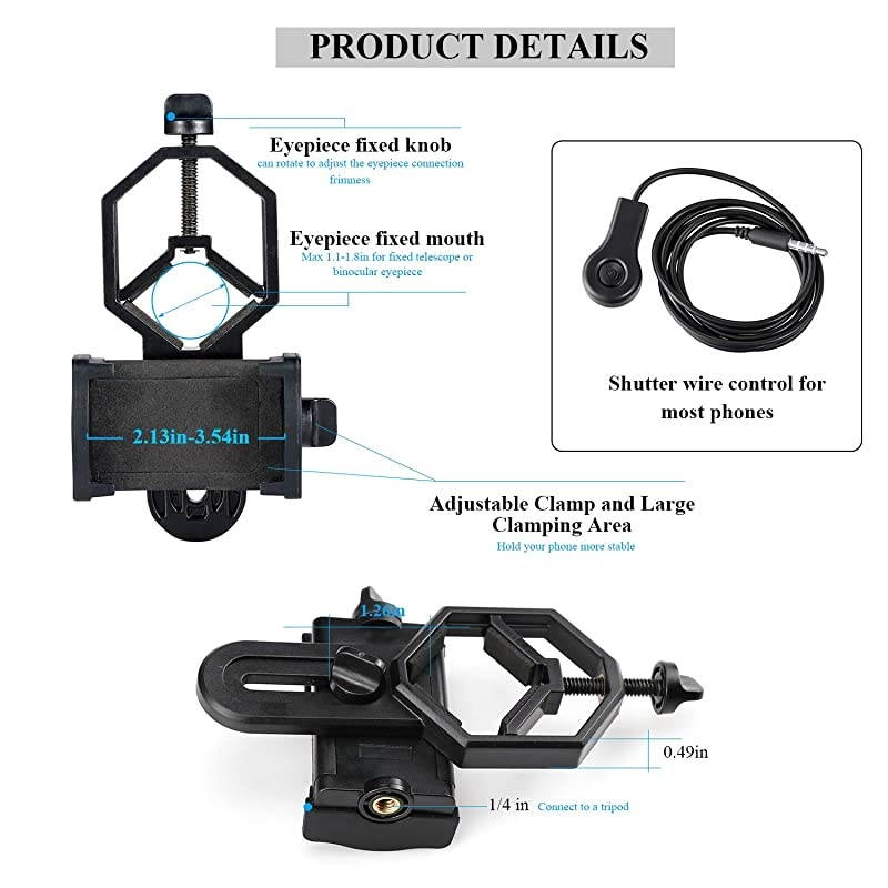 Cell Phone Adapter Mount + Wire Shutter Universal Smartphone Quick Photography Connector with Shutter Wire Control for Telescope Binoculars Monocular Spotting Scope Microscope Tripod