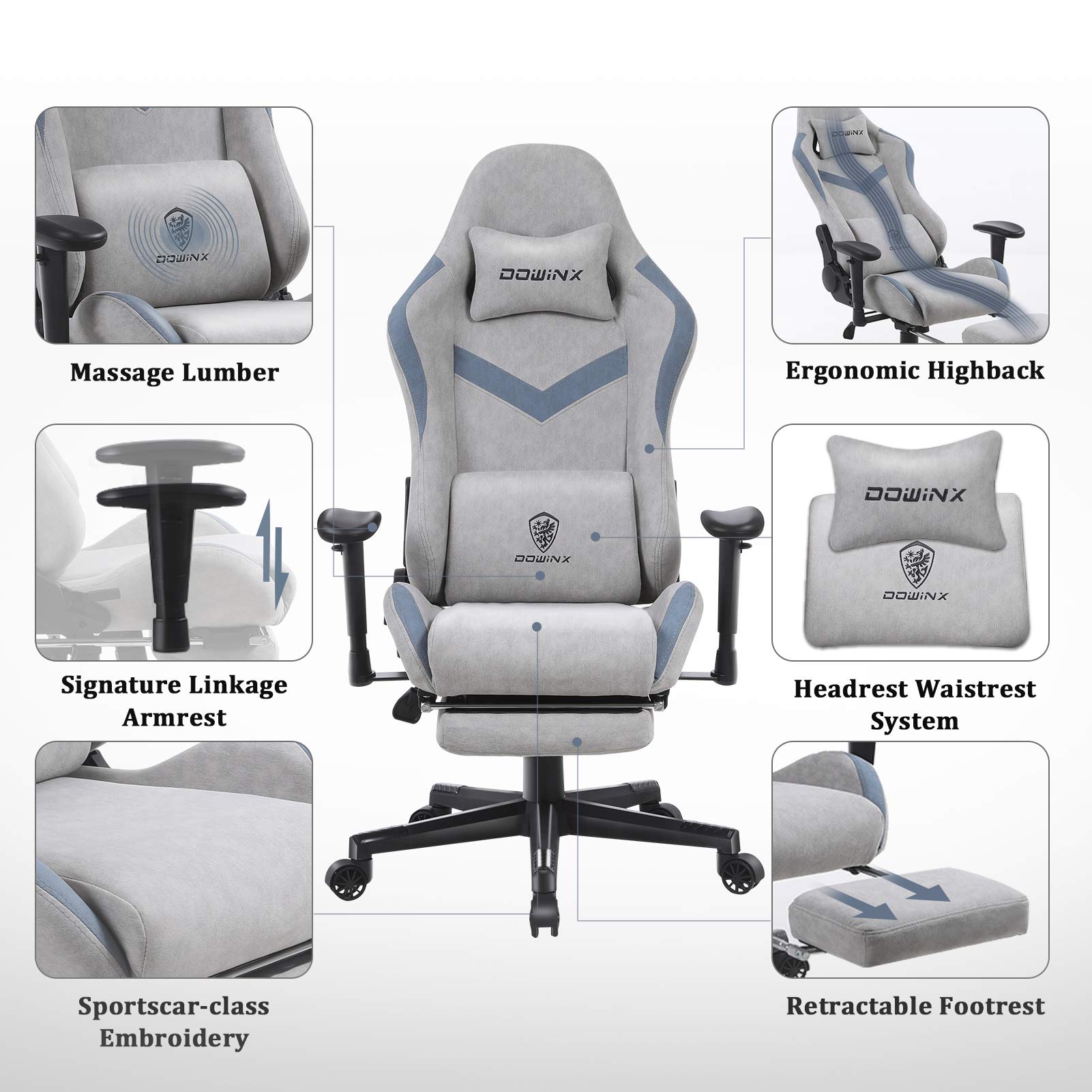 Dowinx Gaming Chair Breathable Fabric Office Chair with Massage Lumbar Support, High Back Ergonomic Comouter Chair Adjustable Swivel Task Chair with Footrest (Blue)