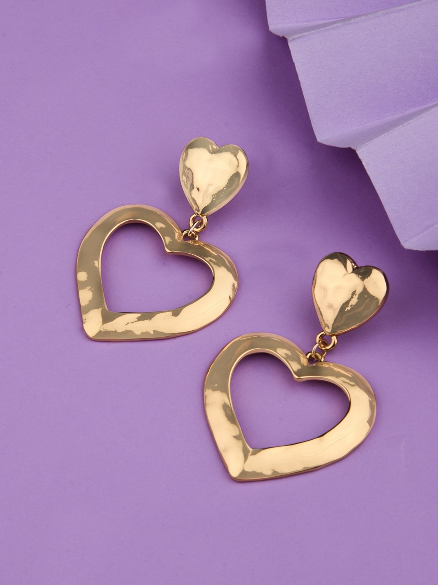 Lilly & Sparkle Gold-Toned Hammered Heart-Shaped Drop Earrings