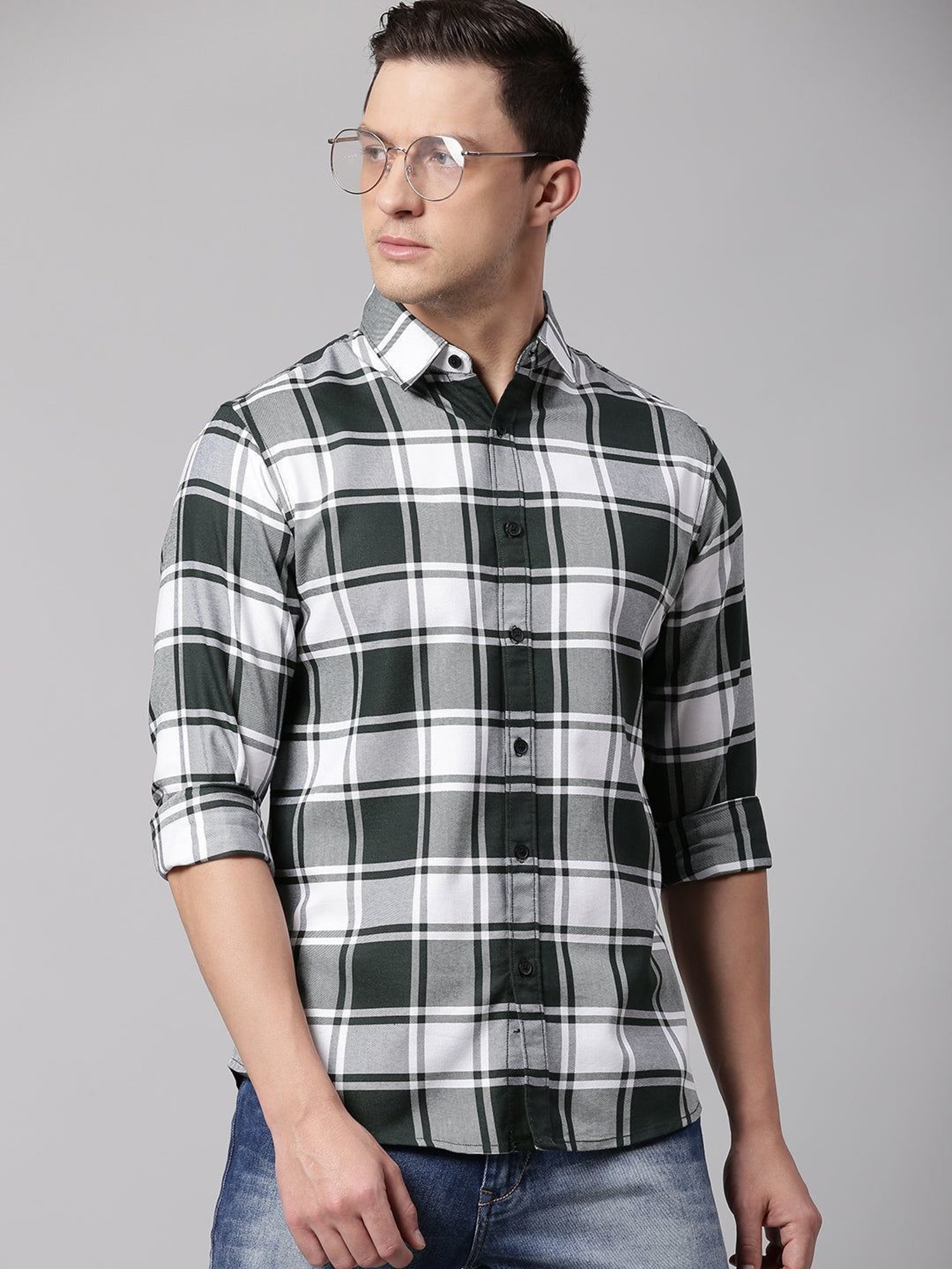 Dennis Lingo Green & White Cotton Slim Fit Checks Shirt