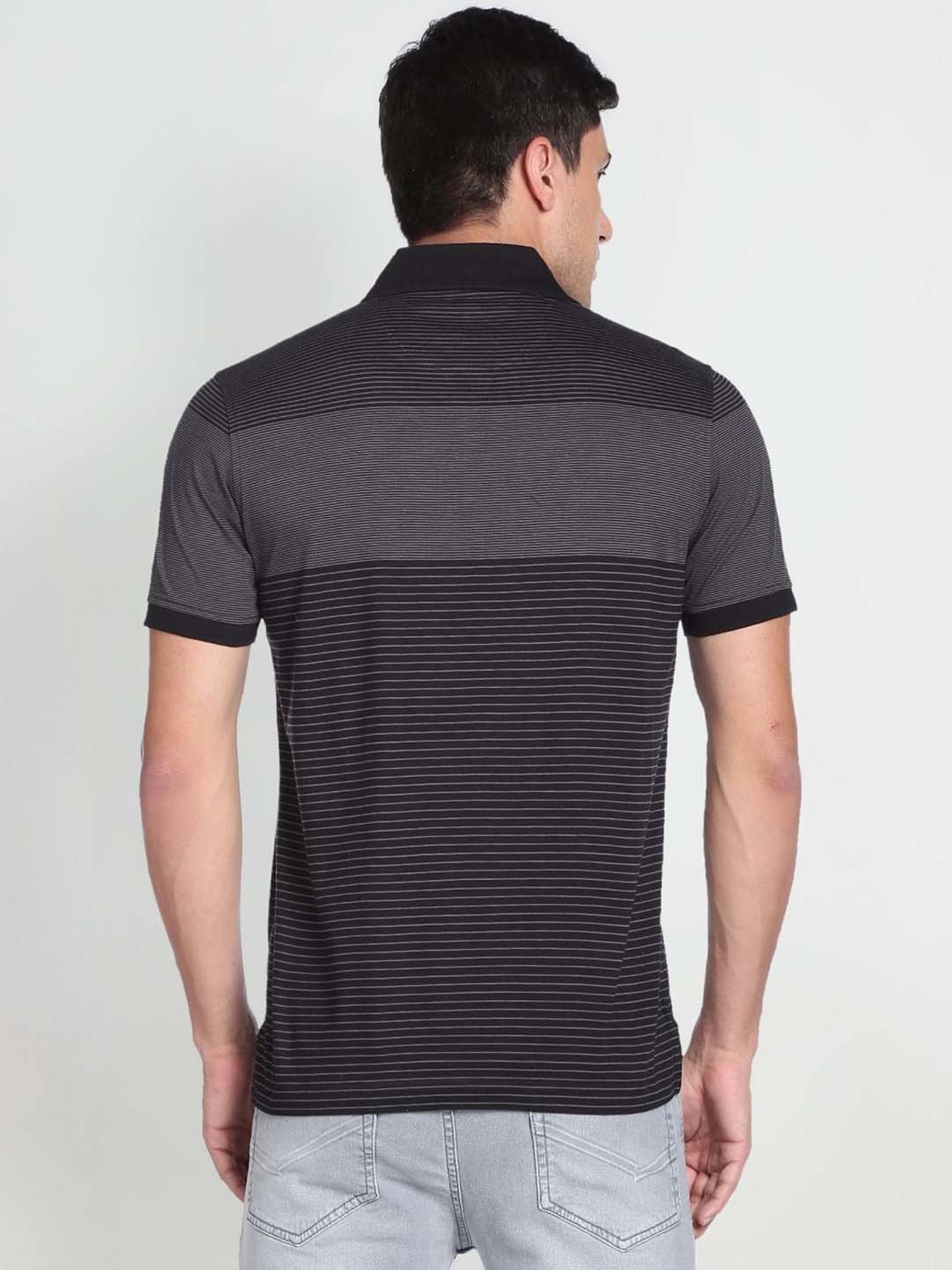 Arrow Black Cotton Regular Fit Striped Polo T-Shirt